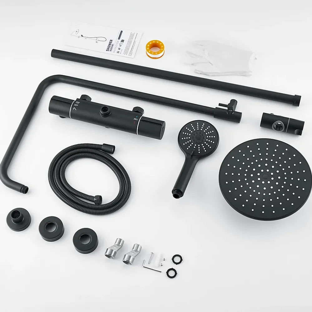 Colonne De Douche Thermostatique|Auralum Max Colonne de Douche Thermostatique 3 Fonctions, Ensemble de Douche Noir, Douche avec Tête de Douche de 9 pouces