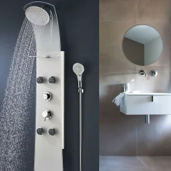 Valentin Colonne de douche thermostatique hydromassante 4 buses avec tablette, pomme de tête, douchette 3 jets et flexible, verre blanc, Nautilus