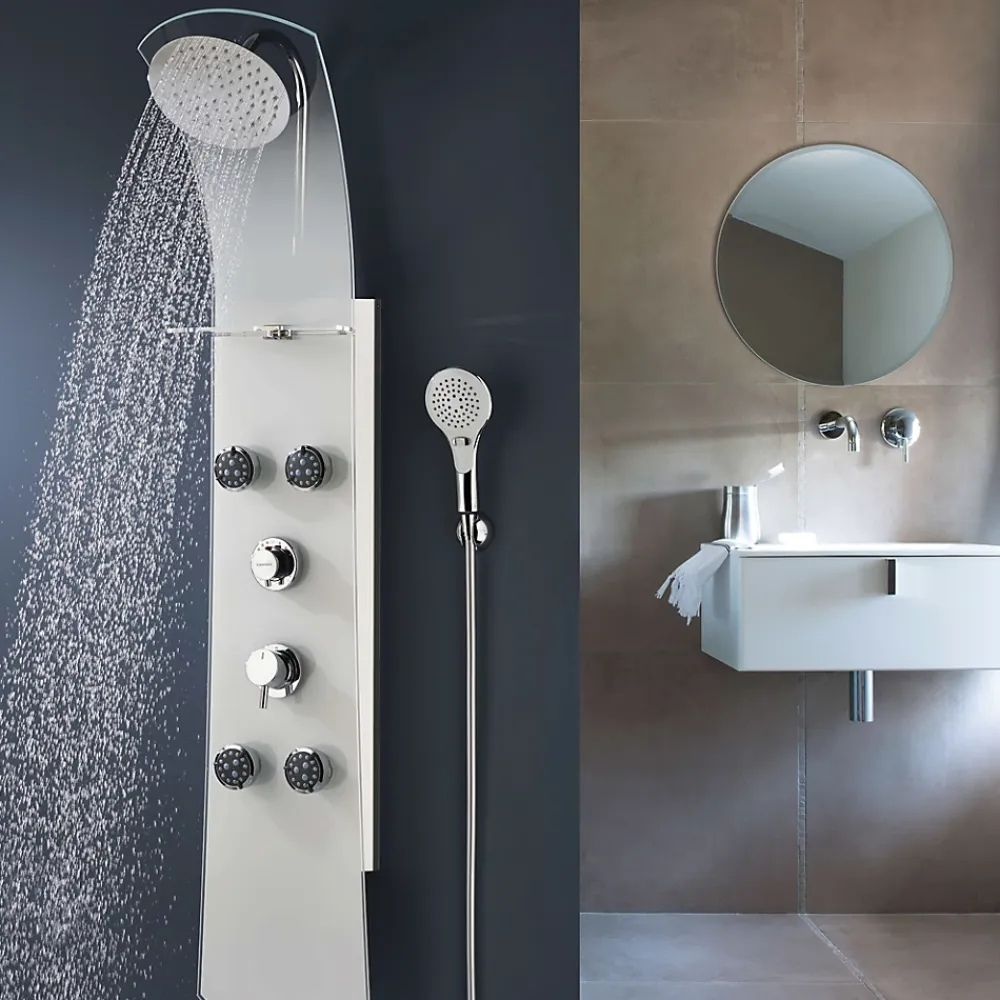 Valentin Colonne de douche thermostatique hydromassante 4 buses avec tablette, pomme de tête, douchette 3 jets et flexible, verre blanc, Nautilus