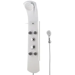 Valentin Colonne de douche thermostatique hydromassante 4 buses avec tablette, pomme de tête, douchette 3 jets et flexible, verre blanc, Nautilus