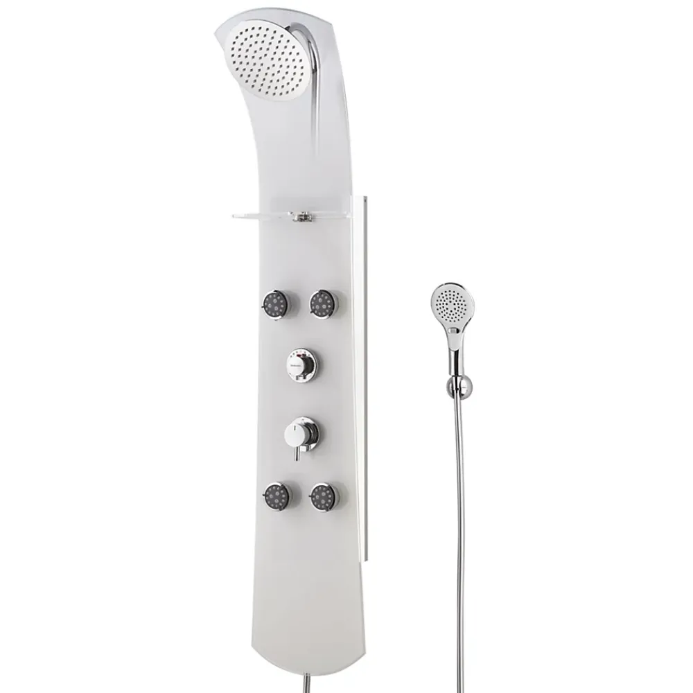 Valentin Colonne de douche thermostatique hydromassante 4 buses avec tablette, pomme de tête, douchette 3 jets et flexible, verre blanc, Nautilus