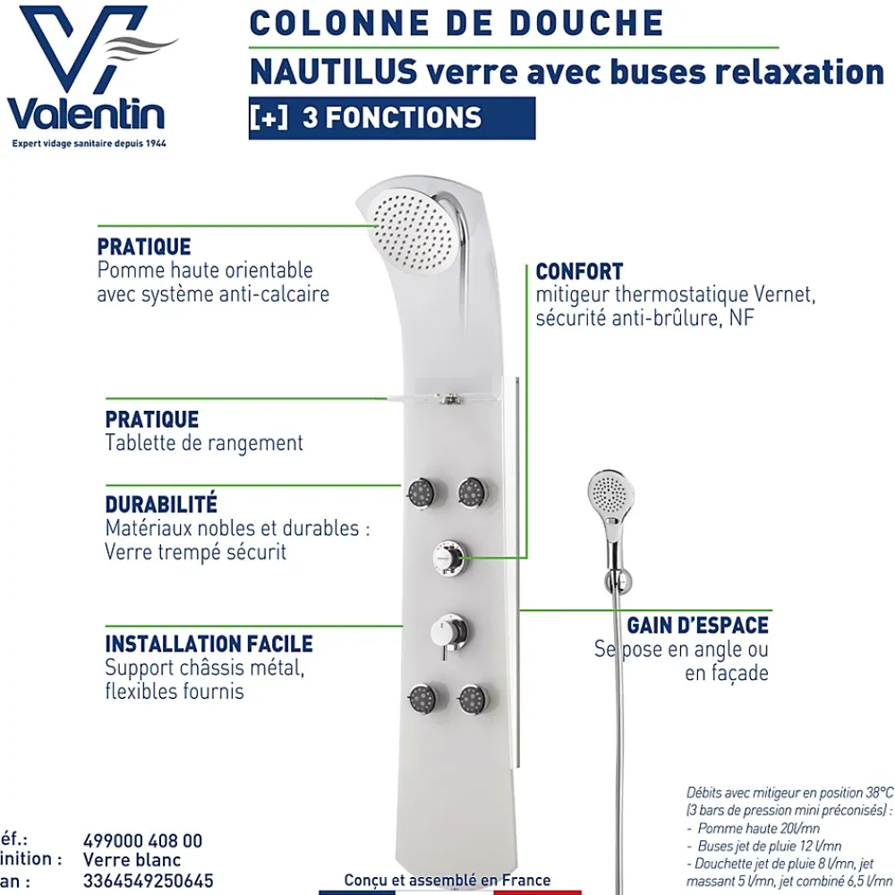 Valentin Colonne de douche thermostatique hydromassante 4 buses avec tablette, pomme de tête, douchette 3 jets et flexible, verre blanc, Nautilus