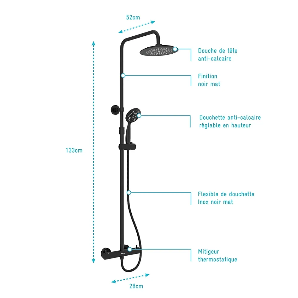 Colonne De Douche Thermostatique|Galedo Colonne de douche thermostatique avec pommeau + douchette 2 jets + flexible + barre réglable, noir mat, Arty