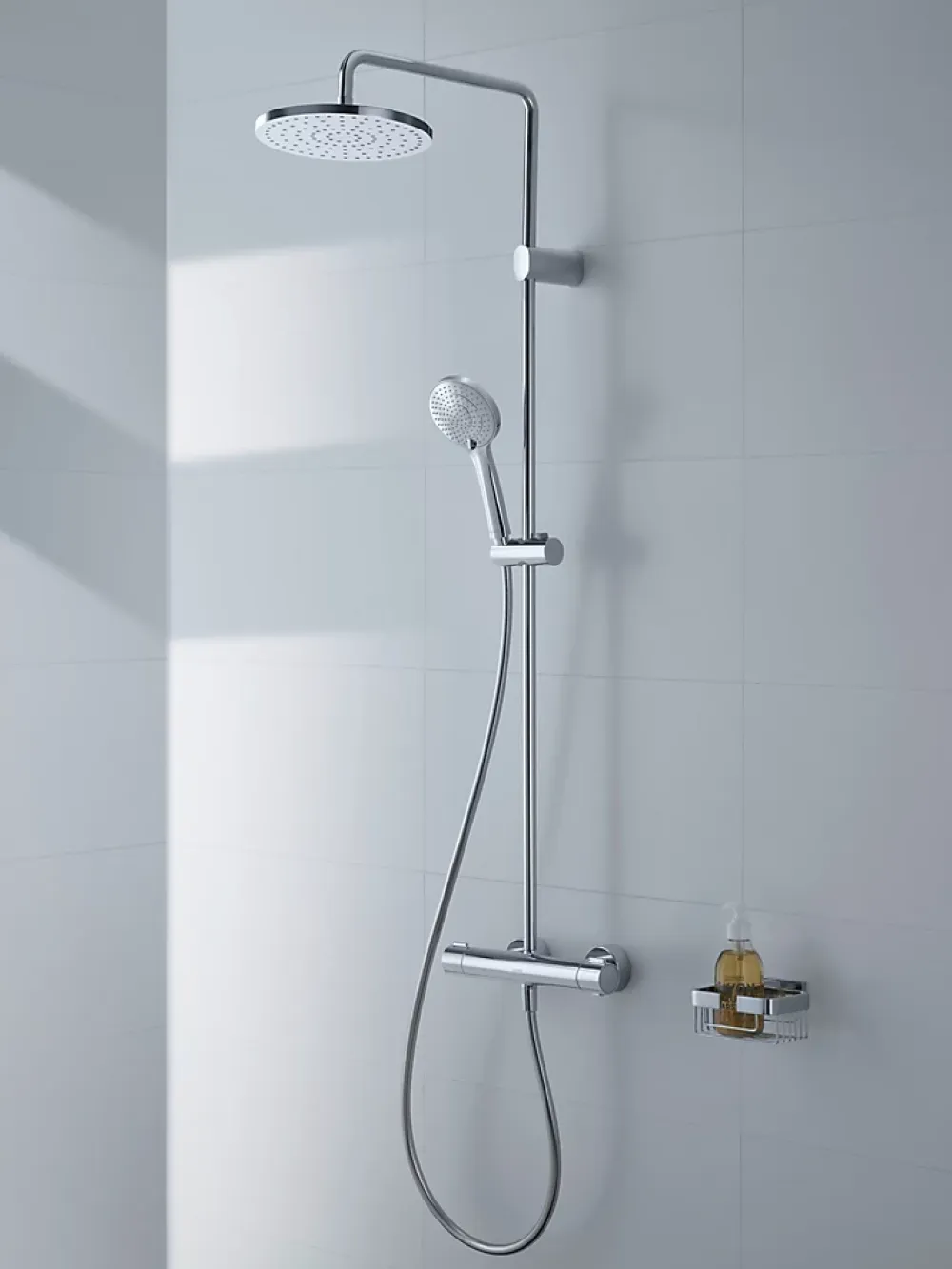 Duravit Colonne de douche thermostatique murale Chrome 30x48x112cm (LxPxH) hauteur réglable, pomme + pommeau douche rond
