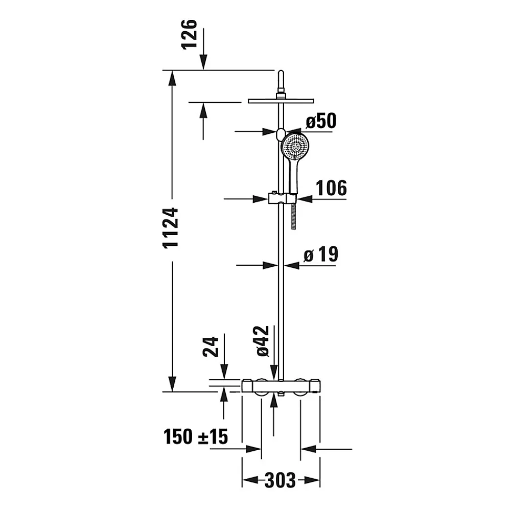 Duravit Colonne de douche thermostatique murale Chrome 30x48x112cm (LxPxH) hauteur réglable, pomme + pommeau douche rond