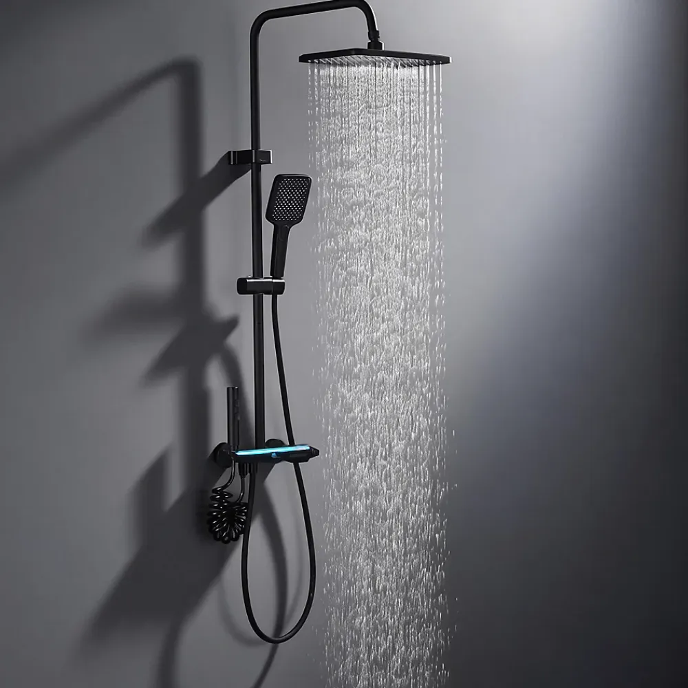 Colonne De Douche Mécanique|Homelody Colonne de Douche Thermostatique avec Étagère Jet Pluie et Cascade Hauteur Réglable 800-1000 mm Verre et Laiton Noir