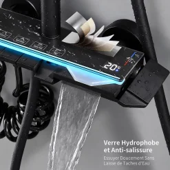 Colonne De Douche Mécanique|Homelody Colonne de Douche Thermostatique avec Étagère Jet Pluie et Cascade Hauteur Réglable 800-1000 mm Verre et Laiton Noir