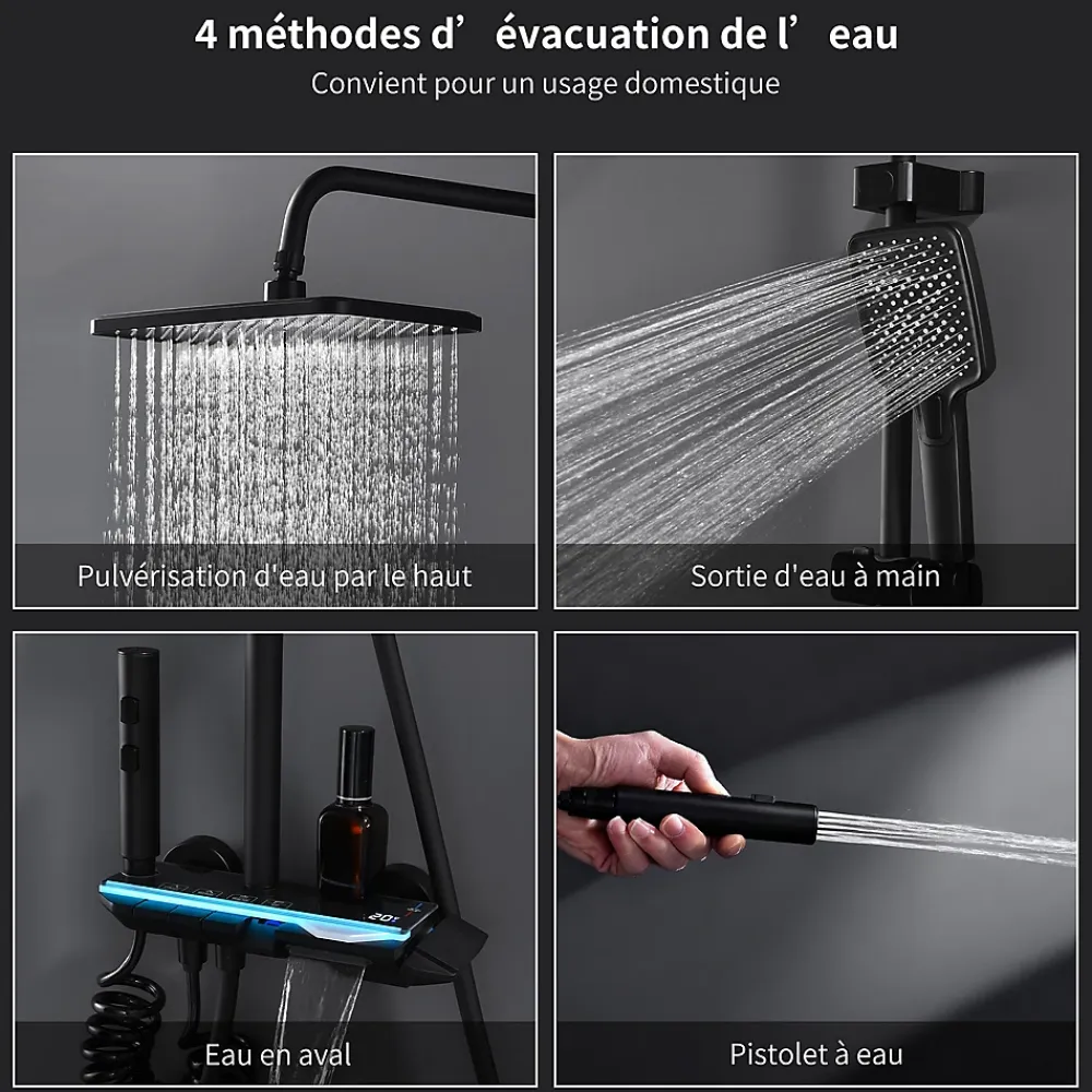 Colonne De Douche Mécanique|Homelody Colonne de Douche Thermostatique avec Étagère Jet Pluie et Cascade Hauteur Réglable 800-1000 mm Verre et Laiton Noir