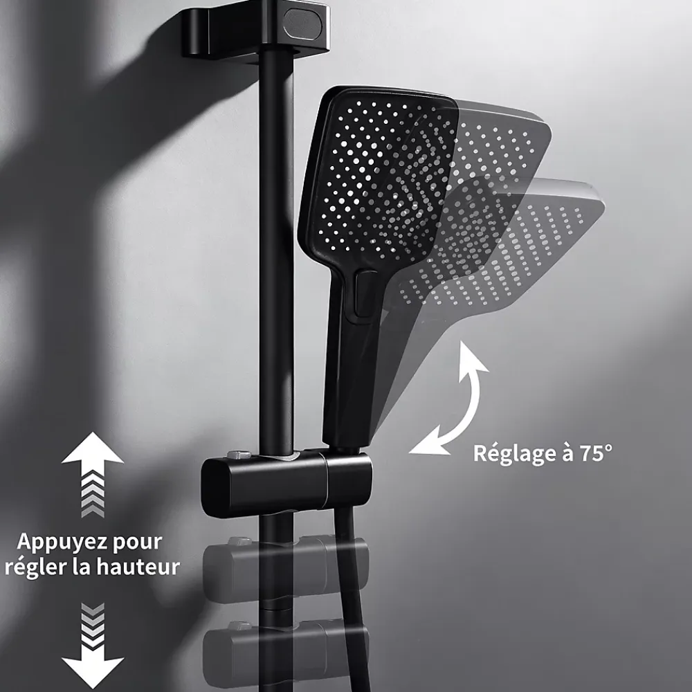 Colonne De Douche Mécanique|Homelody Colonne de Douche Thermostatique avec Étagère Jet Pluie et Cascade Hauteur Réglable 800-1000 mm Verre et Laiton Noir