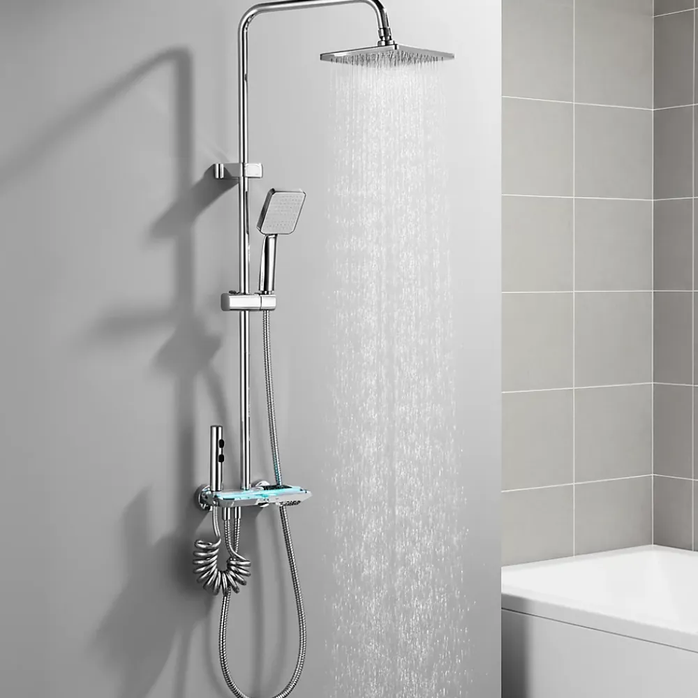 Colonne De Douche Mécanique|Homelody Colonne de Douche Thermostatique avec Étagère Jet Pluie et Cascade Hauteur Réglable 800-1000 mm Verre et Laiton Chromé