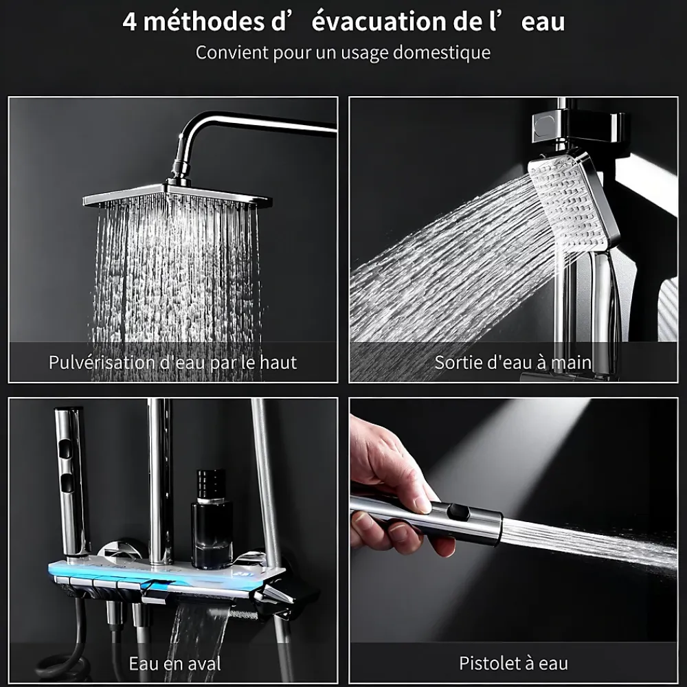 Colonne De Douche Mécanique|Homelody Colonne de Douche Thermostatique avec Étagère Jet Pluie et Cascade Hauteur Réglable 800-1000 mm Verre et Laiton Chromé