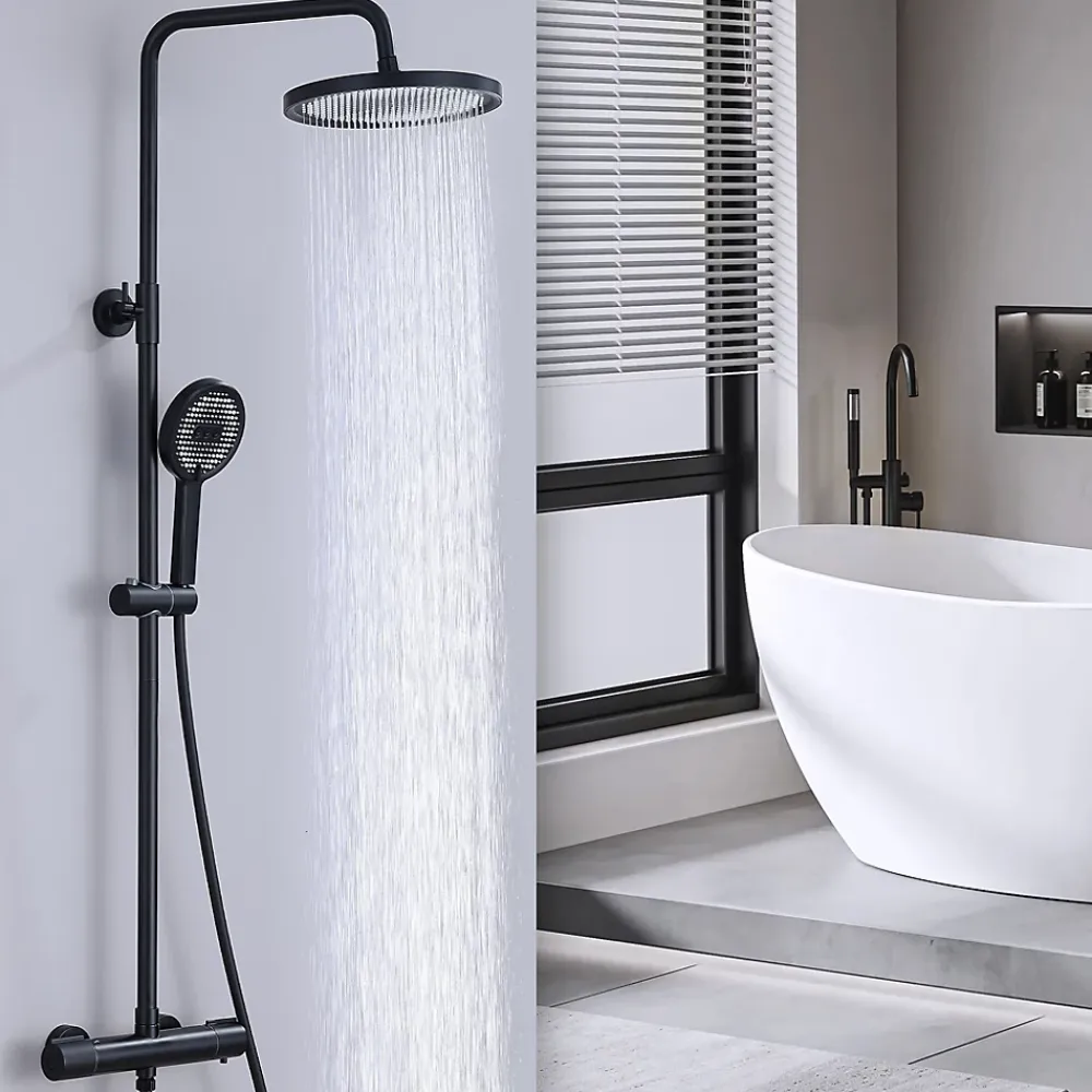 Colonne De Douche Thermostatique|Homelody Colonne de Douche Thermostatique Noir Ensemble de Douche Avec Douchette 3 Fonctions Jet Pluie Hauteur Réglable 1006 a 1206 mm