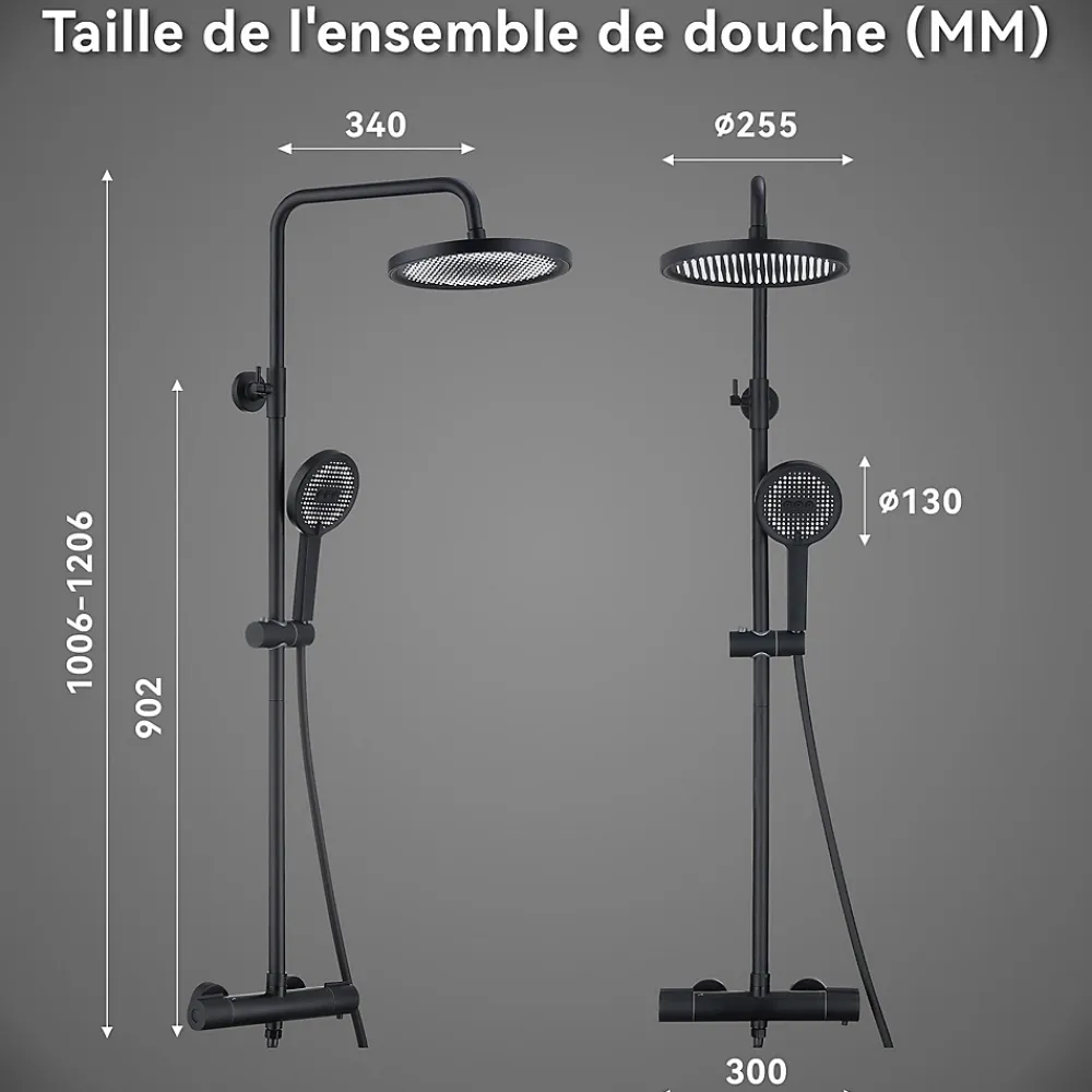 Colonne De Douche Thermostatique|Homelody Colonne de Douche Thermostatique Noir Ensemble de Douche Avec Douchette 3 Fonctions Jet Pluie Hauteur Réglable 1006 a 1206 mm