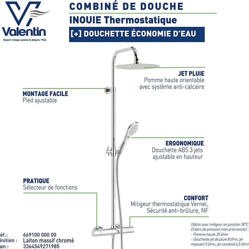 Colonne De Douche Thermostatique|Valentin Colonne de douche thermostatique avec pomme de tête ronde, douchette et flexible, chrome, Inouie