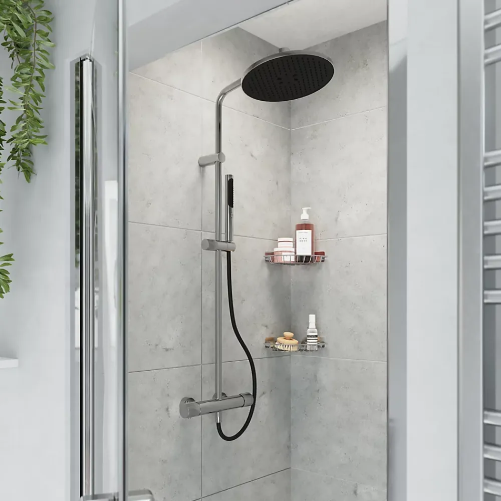 GoodHome Colonne de douche thermostatique avec pommeau, douchette 2 jets, flexible, barre réglable, chrome, Levanna