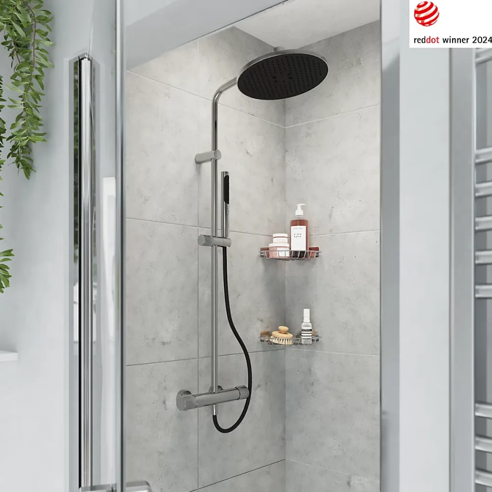 GoodHome Colonne de douche thermostatique avec pommeau, douchette 2 jets, flexible, barre réglable, chrome, Levanna