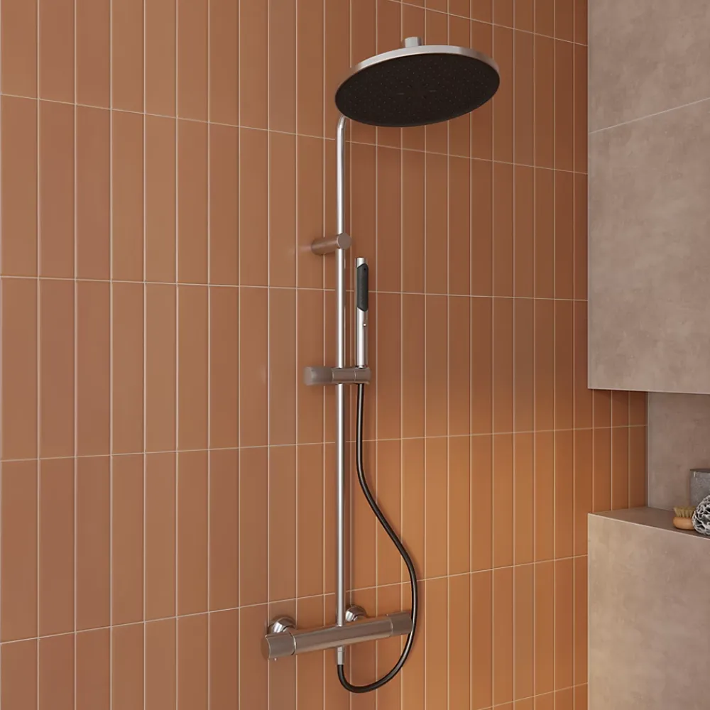 GoodHome Colonne de douche thermostatique avec pommeau, douchette 2 jets, flexible, barre réglable, chrome, Levanna