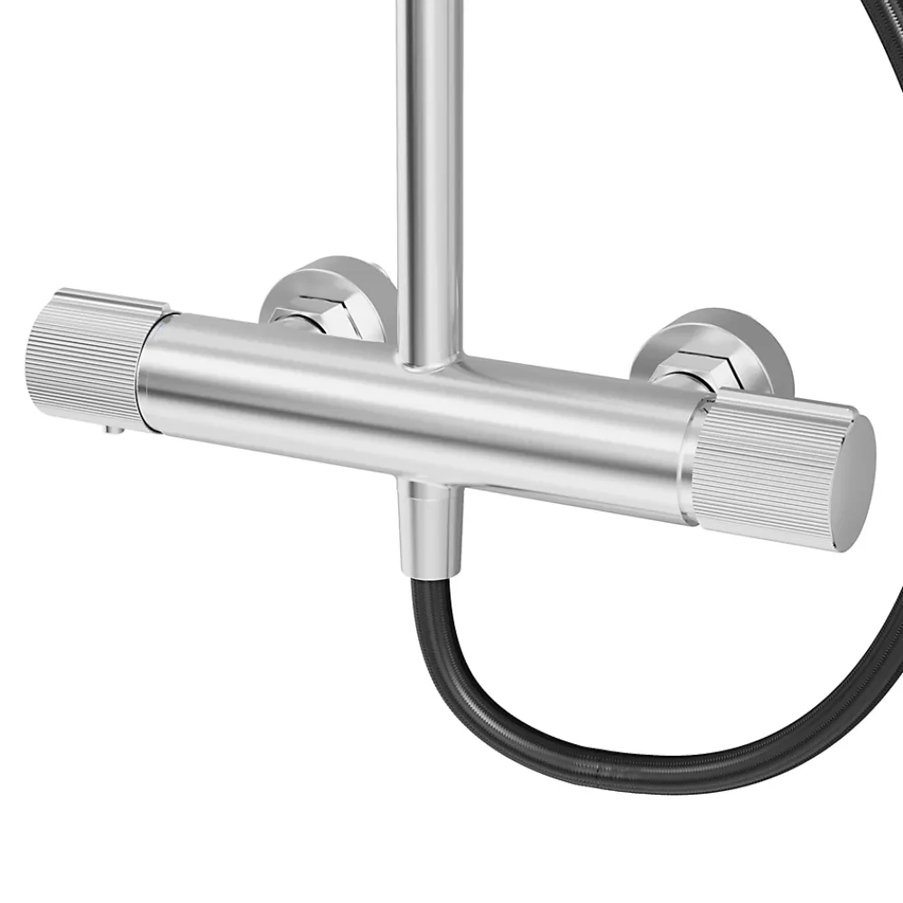 GoodHome Colonne de douche thermostatique avec pommeau, douchette 2 jets, flexible, barre réglable, chrome, Levanna