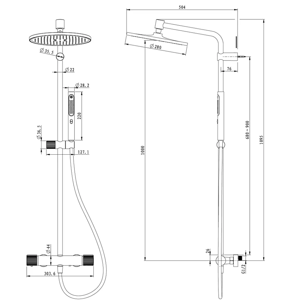 GoodHome Colonne de douche thermostatique avec pommeau, douchette 2 jets, flexible, barre réglable, chrome, Levanna