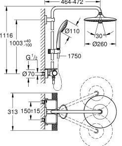 Colonne De Douche Thermostatique|Grohe Colonne de douche thermostatique avec pommeau + douchette 3 jets + flexible + barre réglable, chrome, Vitalio Joy System 260