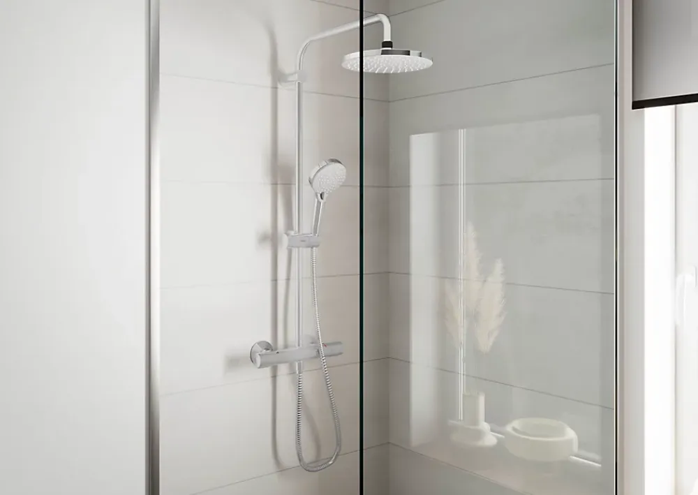 Hansgrohe Colonne de douche thermostatique avec pommeau + douchette 2 jets + flexible + barre réglable, chrome, Vernis Blend 200 EcoSmart