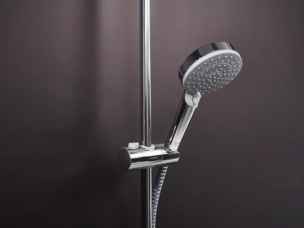 Hansgrohe Colonne de douche thermostatique avec pommeau + douchette 2 jets + flexible + barre réglable, chrome, Vernis Blend 200 EcoSmart