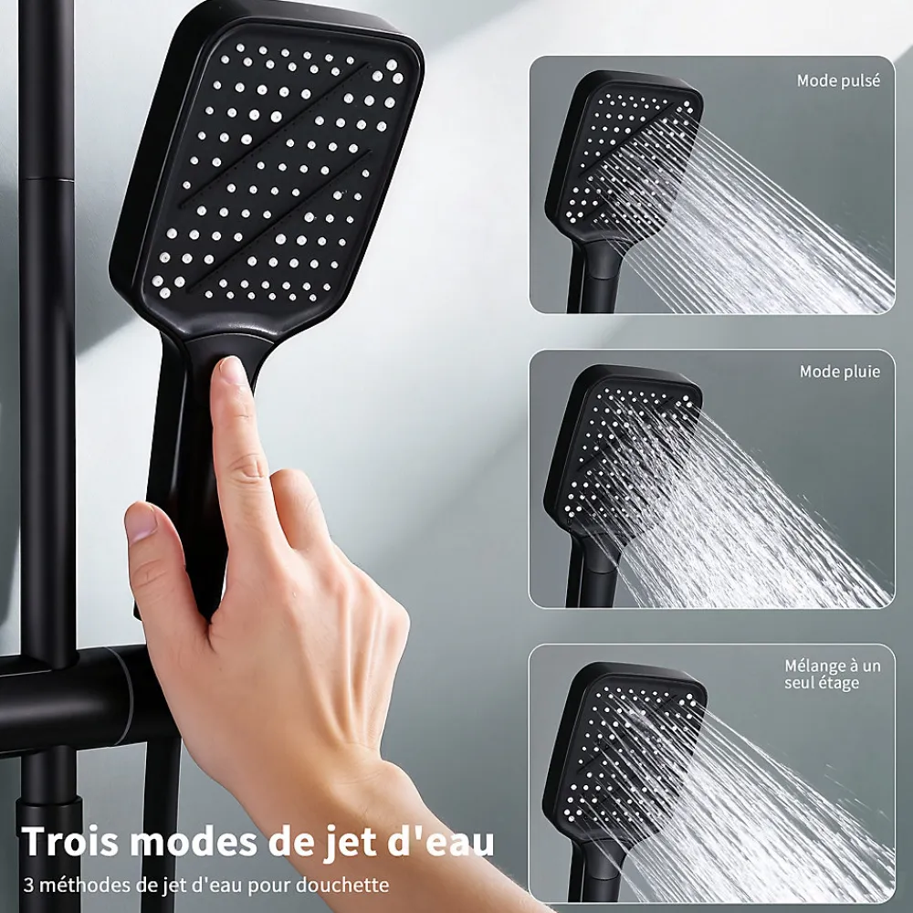 Homelody Colonne de Douche Thermostatique 38C avec Etageres Tete de Douche Pluie et Douchette Hauteur Reglable 1000 a 1240 mm Inox Noir