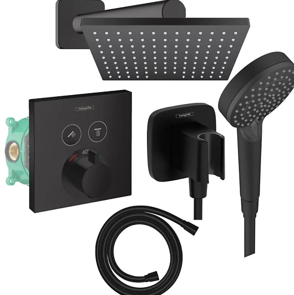 Hansgrohe Colonne de douche thermostatique ShowerSelect E Douche de tête Vernis Shape Flexible Isiflex Douchette Vernis B noir mat