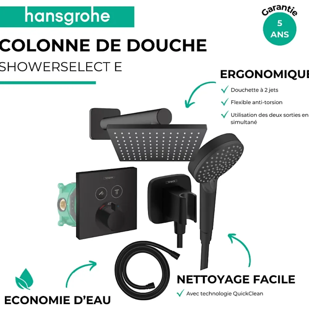 Hansgrohe Colonne de douche thermostatique ShowerSelect E Douche de tête Vernis Shape Flexible Isiflex Douchette Vernis B noir mat