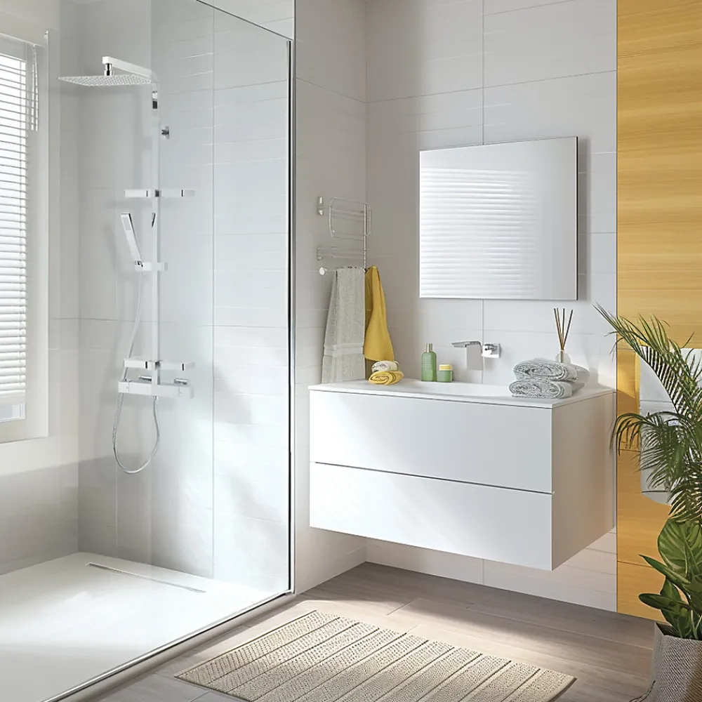 Colonne De Douche Thermostatique|Valentin Colonne de douche thermostatique avec tablette, pomme de tête, douchette et flexible, chrome, Touareg