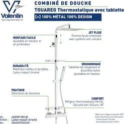 Colonne De Douche Thermostatique|Valentin Colonne de douche thermostatique avec tablette, pomme de tête, douchette et flexible, chrome, Touareg