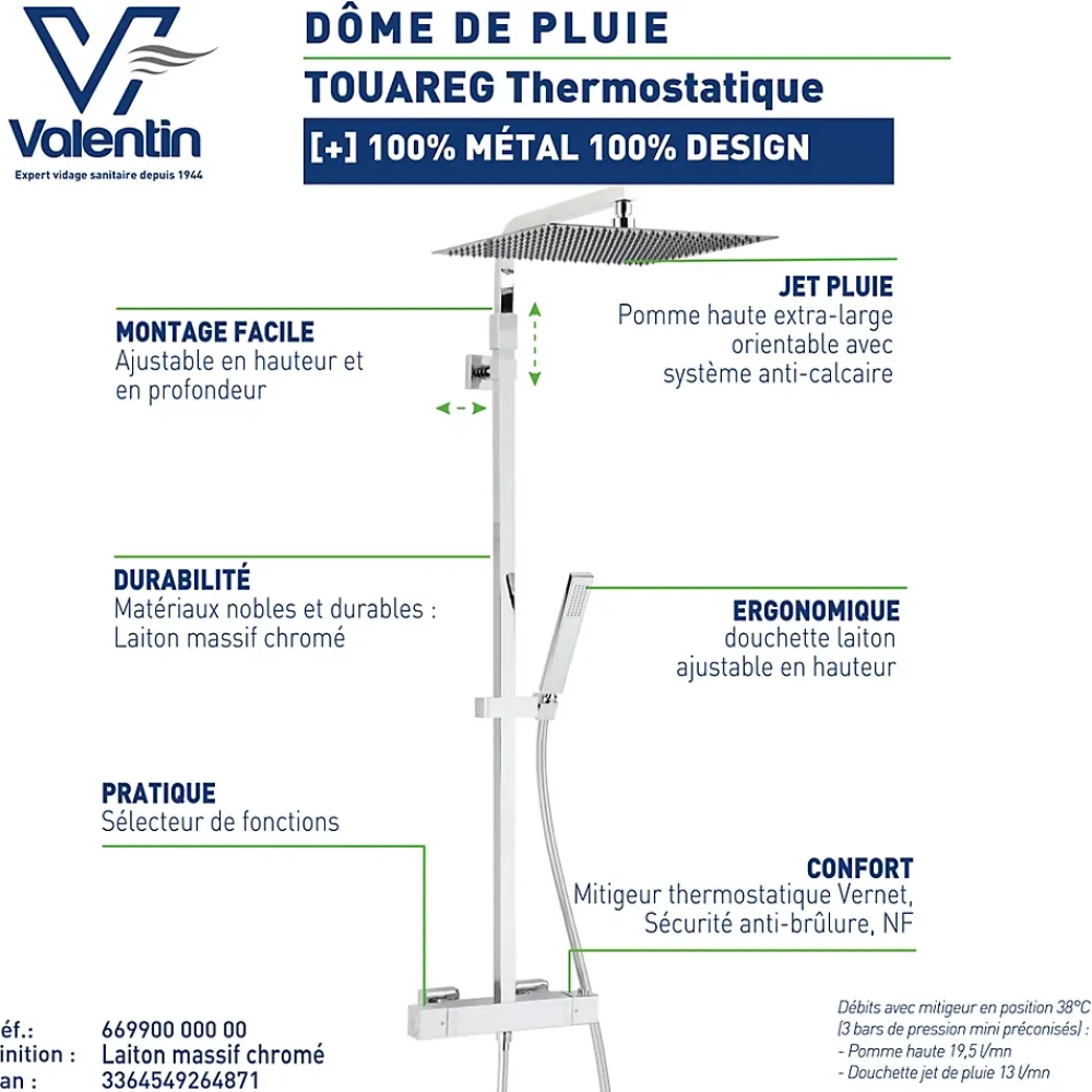 Colonne De Douche Thermostatique|Valentin Colonne de douche thermostatique avec pomme de tête, douchette et flexible, chrome, Allure