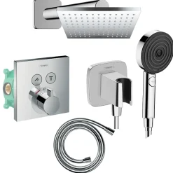 Hansgrohe Colonne de douche thermostatique ShowerSelect E Douche de tête Vernis Shape Flexible Isiflex Douchette Pulsify chromé