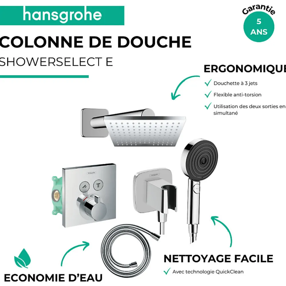 Hansgrohe Colonne de douche thermostatique ShowerSelect E Douche de tête Vernis Shape Flexible Isiflex Douchette Pulsify chromé
