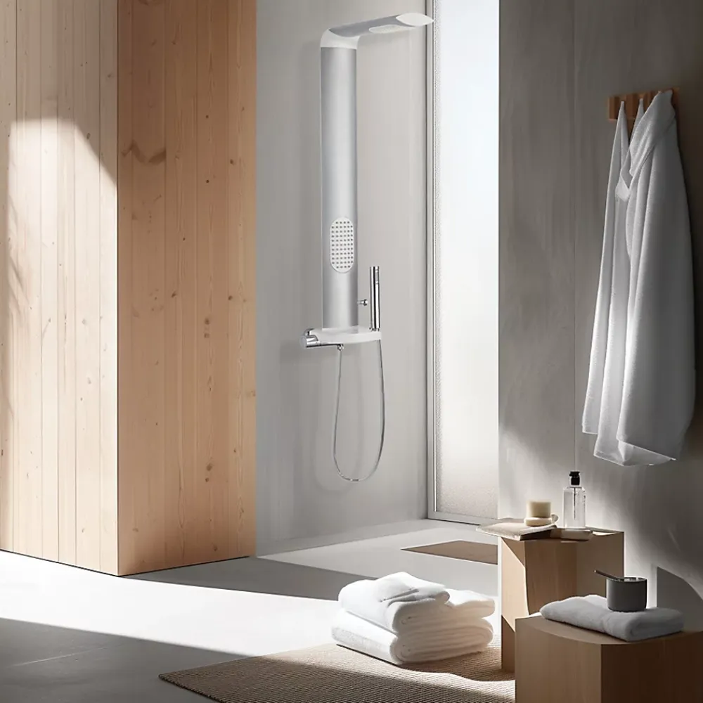Colonne De Douche Hydromassante|Valentin Colonne de douche thermostatique hydromassante avec tablette, pomme de tête et flexible, en aluminium anodisé gris, Isme