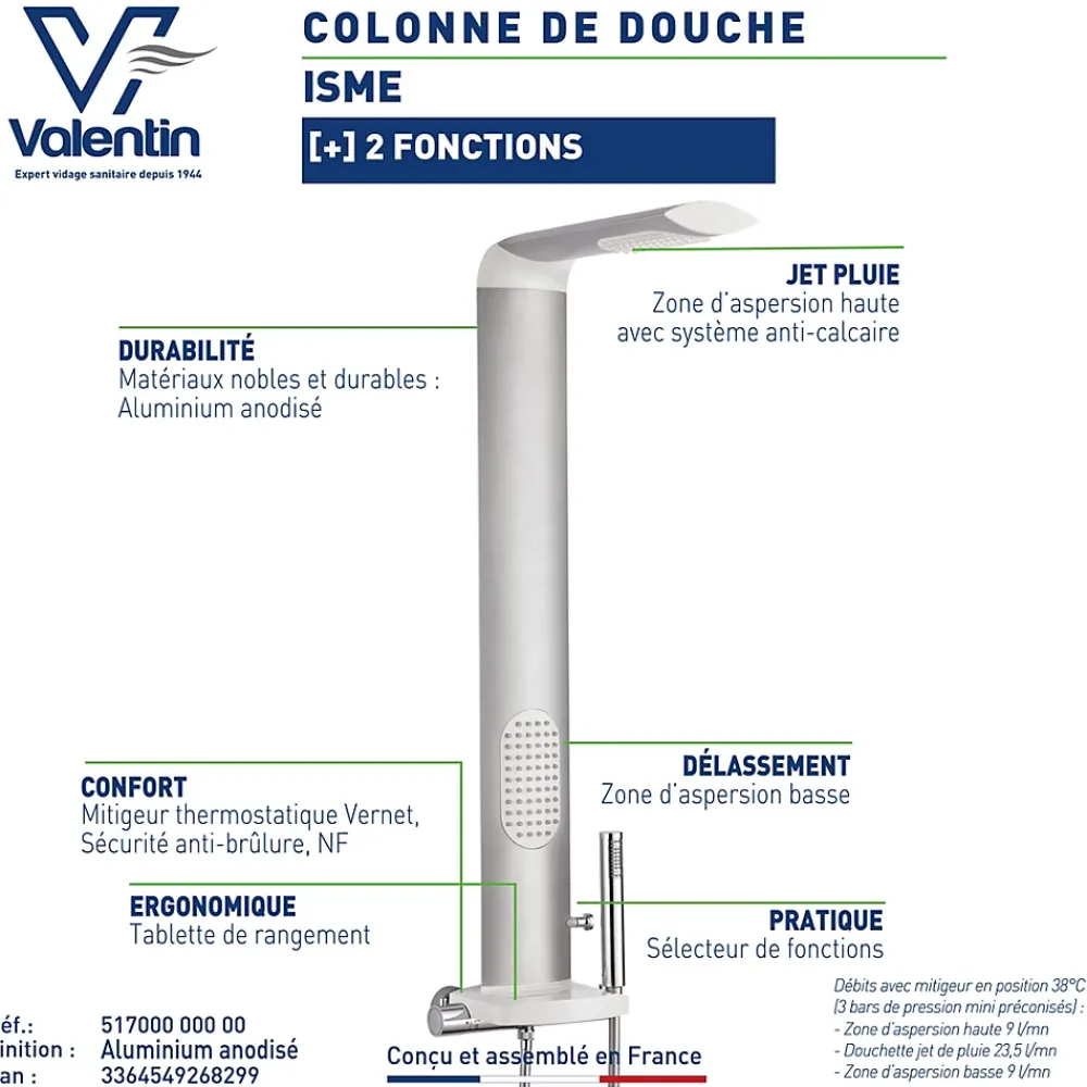 Colonne De Douche Hydromassante|Valentin Colonne de douche thermostatique hydromassante avec tablette, pomme de tête et flexible, en aluminium anodisé gris, Isme