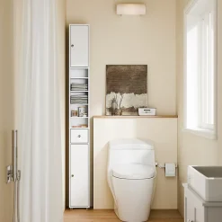 Sobuy Colonne de Salle de Bain Étroite Hydrofuge avec Étagères et Tiroirs Réglables - Armoire Gain de Place Blanche