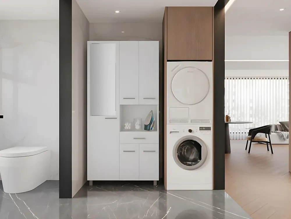 Vente-unique Colonne de salle de bain avec miroir sur pied - 180 cm - Blanc - MINELA