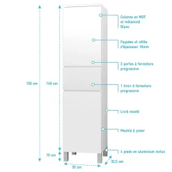 Aurlane Colonne de Salle de Bain en Mélaminé Blanc - 35x32x150 cm - 2 Portes + 1 Tiroir