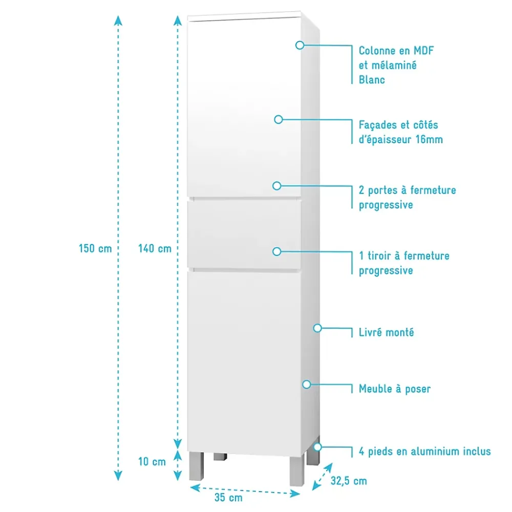 Aurlane Colonne de Salle de Bain en Mélaminé Blanc - 35x32x150 cm - 2 Portes + 1 Tiroir