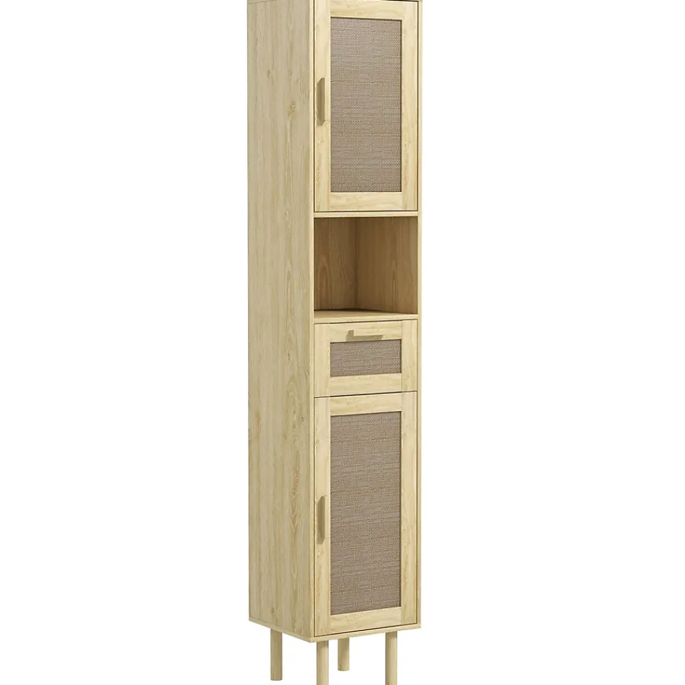 Colonne De Salle De Bains|Homcom Colonne de salle de bain style bohème H. 170 cm - 2 portes, étagères, tiroir, niche - effet rotin bois clair