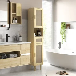 Colonne De Salle De Bains|Homcom Colonne de salle de bain style bohème H. 170 cm - 2 portes, étagères, tiroir, niche - effet rotin bois clair