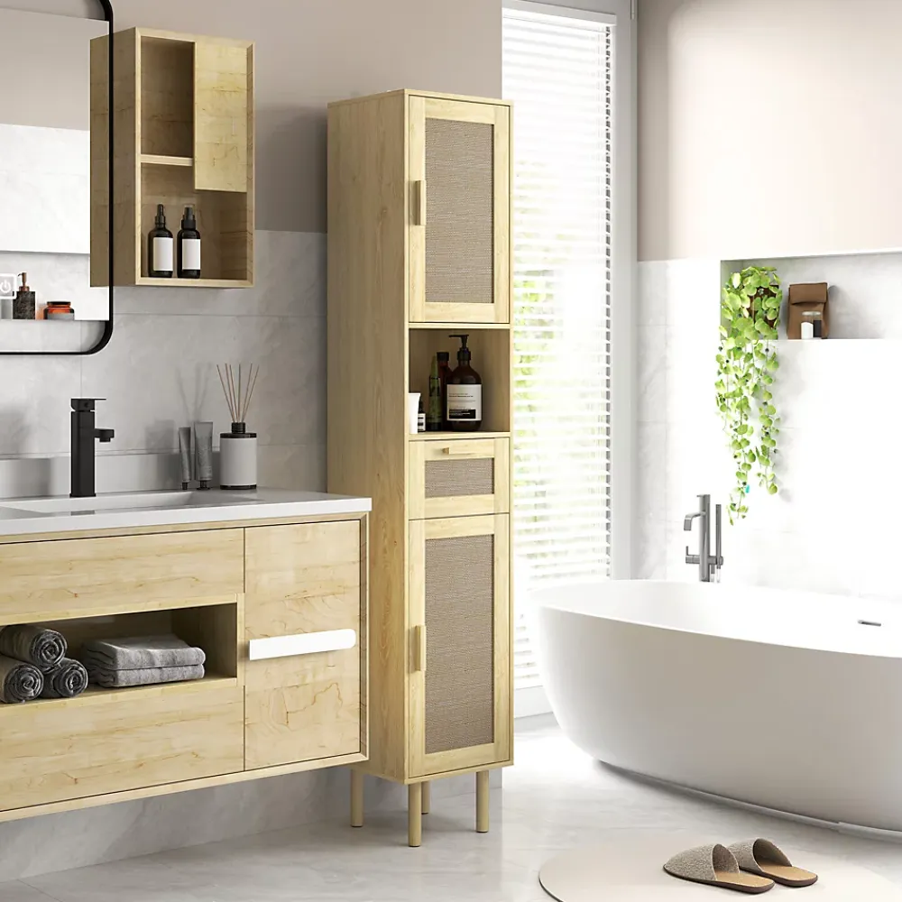 Colonne De Salle De Bains|Homcom Colonne de salle de bain style bohème H. 170 cm - 2 portes, étagères, tiroir, niche - effet rotin bois clair