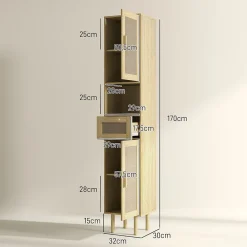 Colonne De Salle De Bains|Homcom Colonne de salle de bain style bohème H. 170 cm - 2 portes, étagères, tiroir, niche - effet rotin bois clair