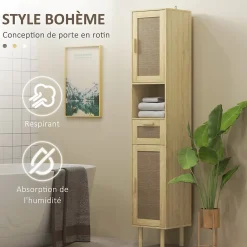 Colonne De Salle De Bains|Homcom Colonne de salle de bain style bohème H. 170 cm - 2 portes, étagères, tiroir, niche - effet rotin bois clair