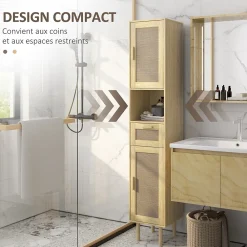 Colonne De Salle De Bains|Homcom Colonne de salle de bain style bohème H. 170 cm - 2 portes, étagères, tiroir, niche - effet rotin bois clair