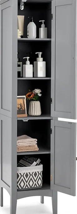Colonne De Salle De Bains|Giantex Colonne de Salle de Bain avec 2 Portes 5 étagères Dispositif Anti basculement Armoire Haute de Toilette Gris