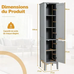 Colonne De Salle De Bains|Giantex Colonne de Salle de Bain avec 2 Portes 5 étagères Dispositif Anti basculement Armoire Haute de Toilette Gris