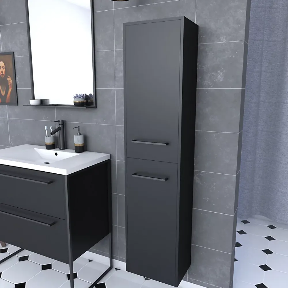 Aurlane Colonne de salle de bain noir 30x35x150 cm avec 2 portes et poignées noir mat - STRUCTURA F050