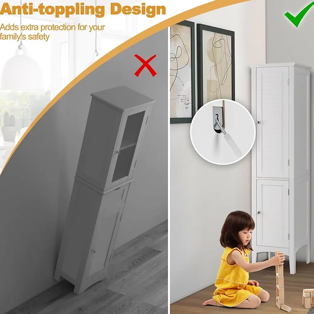 Colonne De Salle De Bains|Giantex Colonne de Salle de Bain avec 2 Portes 5 étagères Dispositif Anti basculement Armoire Haute de Toilette Blanc
